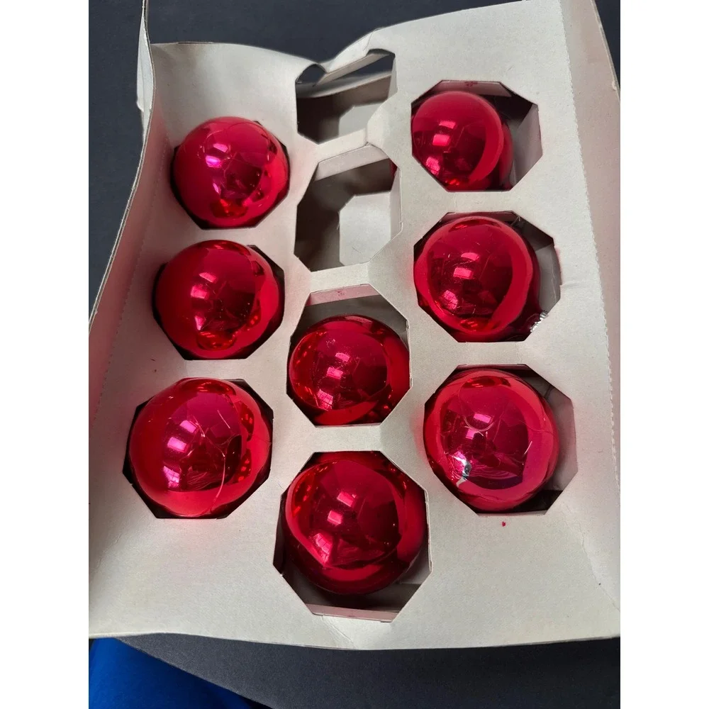 Vintage Shiny Brite Red Glass Christmas Ornaments Set of 8 with Original Box